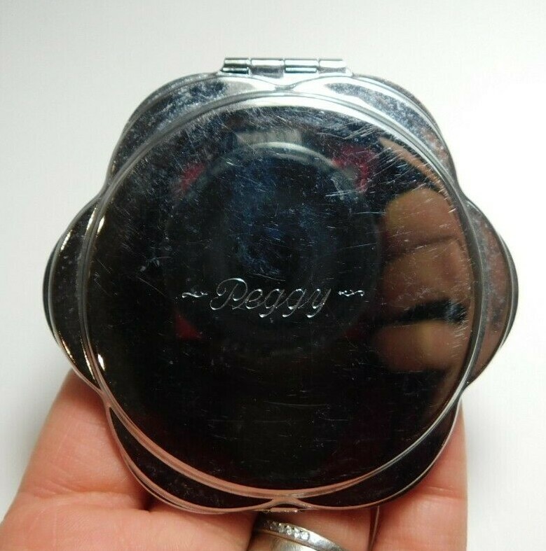 Monogram Engraved Peggy Flower shaped Silver tone Slim Compact 2 Mirror Cd12