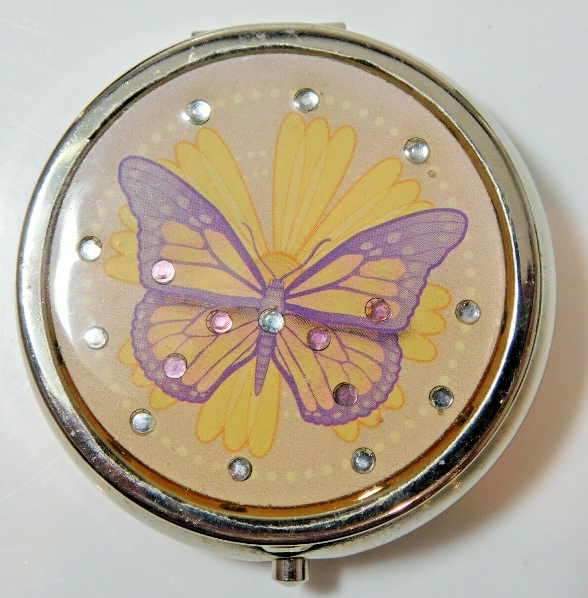 Dainty Lilac Butterfly Flower Enamel Rhinestone Trinket Box Pill Case Cd123