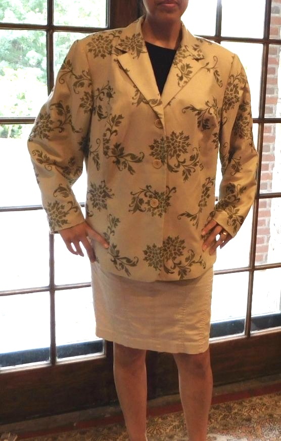 Kate Hill Cotton Silk Tan Sage Green Floral Embroidery Lined Blazer Woman's 22W