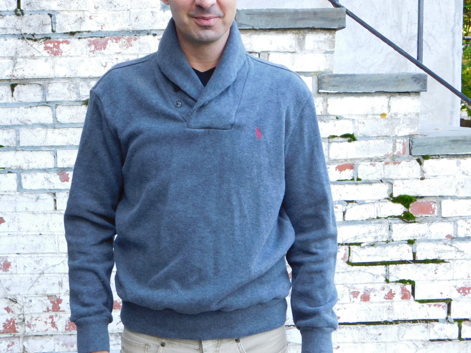 Ralph Lauren POLO Heather Grey Navy Stripe Button Collar 100% Cotton Sweater M