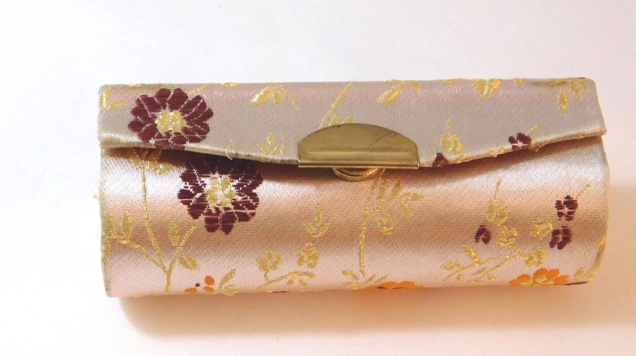 Chinese Silk Damask Floral Lipstick Holder Mirror Compact Purse Accessory
