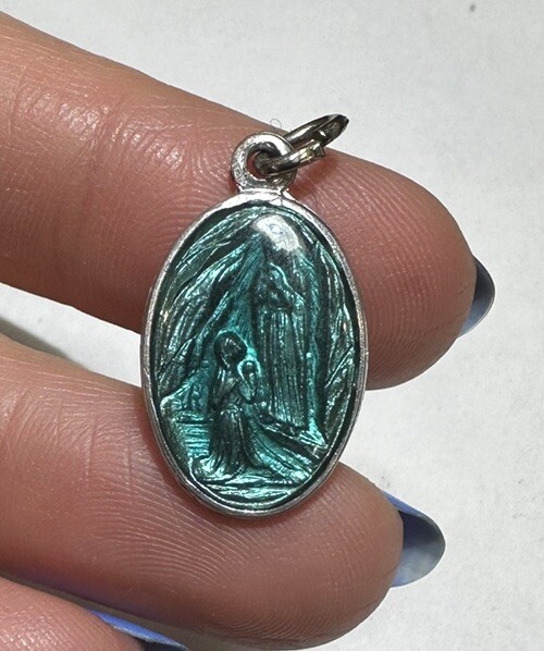 Vintage Green Enamel Silver tone Christian Medal Souvenir Lourdes Pendant PC 10
