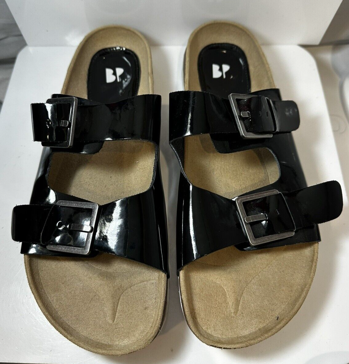 Womens BP Black Double Buckles Straps Slides US 10 EUR 40/41 UK 8 Wedge Sandals