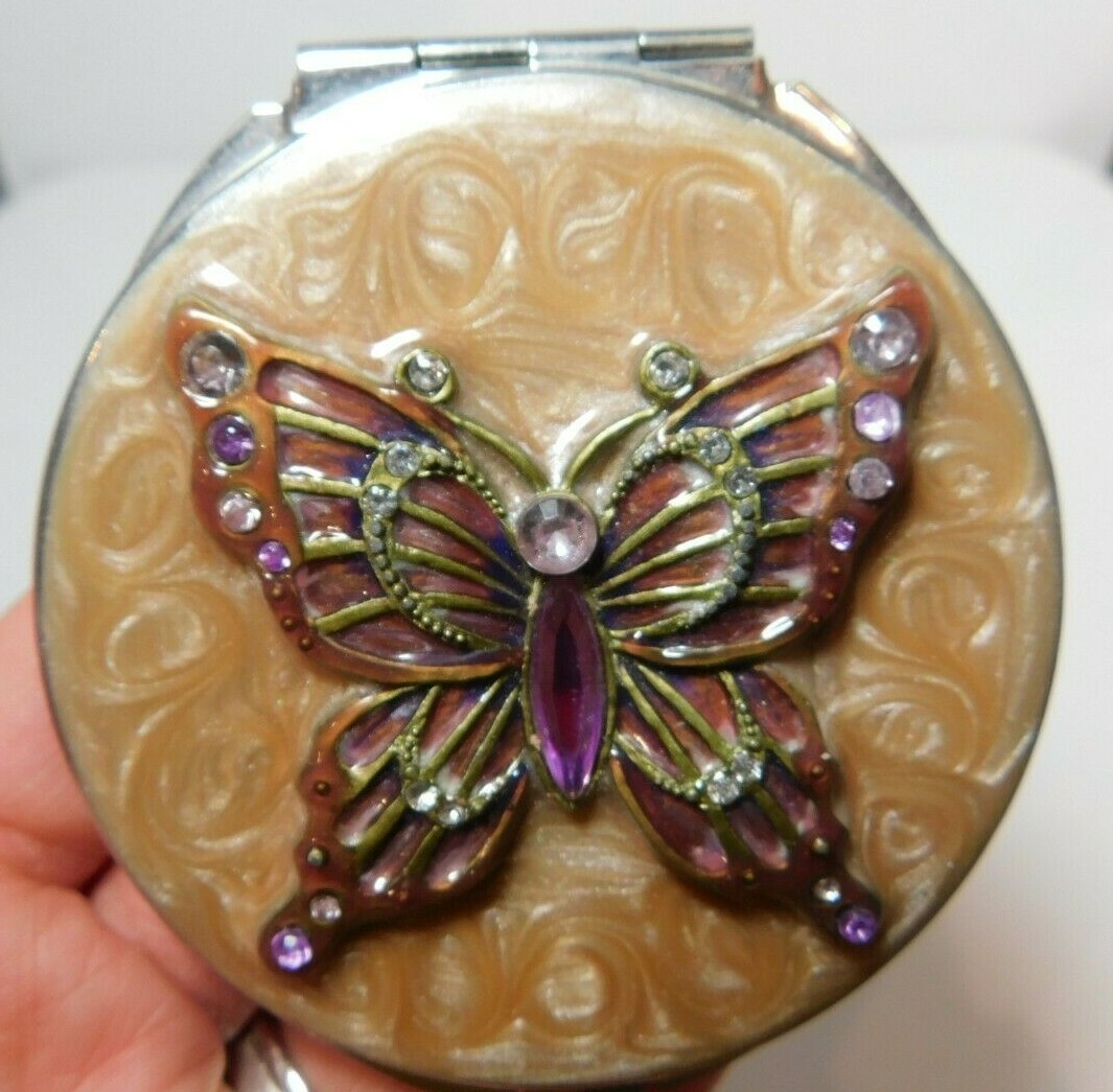 Vintage Buterfly 3D Textured Rhinestones Makeup 2-sided Magnified Mirror  Cd 60
