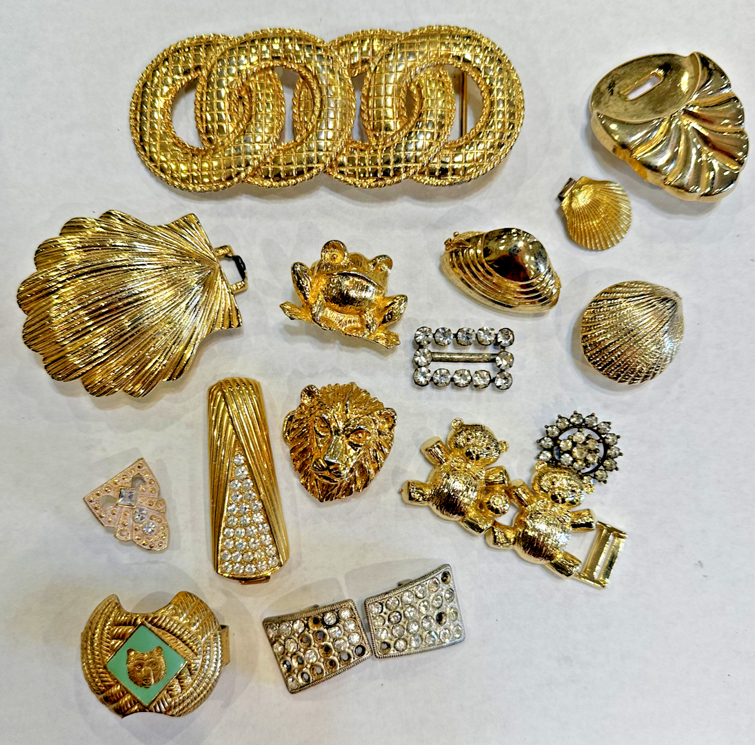 1920's British Belt Buckle Shell Lion Frog Rhinestones Lot Vintage Multi Brand