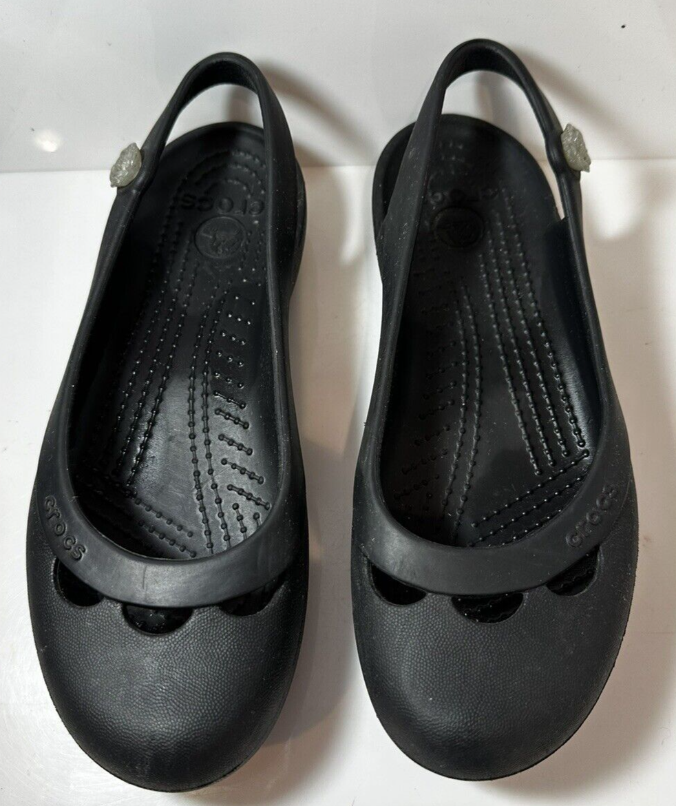 Womens Crocs Skylar US 5 Black Flat Sandals Flower Sling Back Slip On Flats