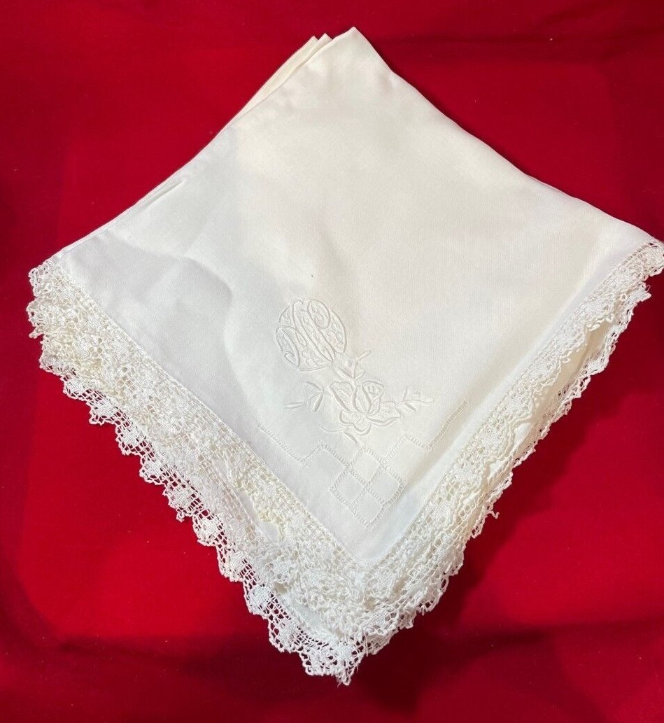 Vintage Set 7 Coasters Napkins White Rose Flower Embroidery Crochet 16" x 16"