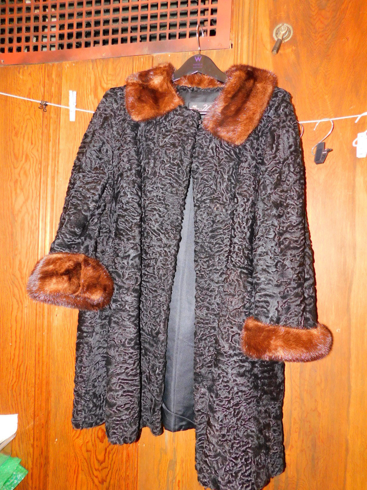 Vintage Black Persian Lamb Fur Brown Mink Collar Cuff Car Mid Length Coat