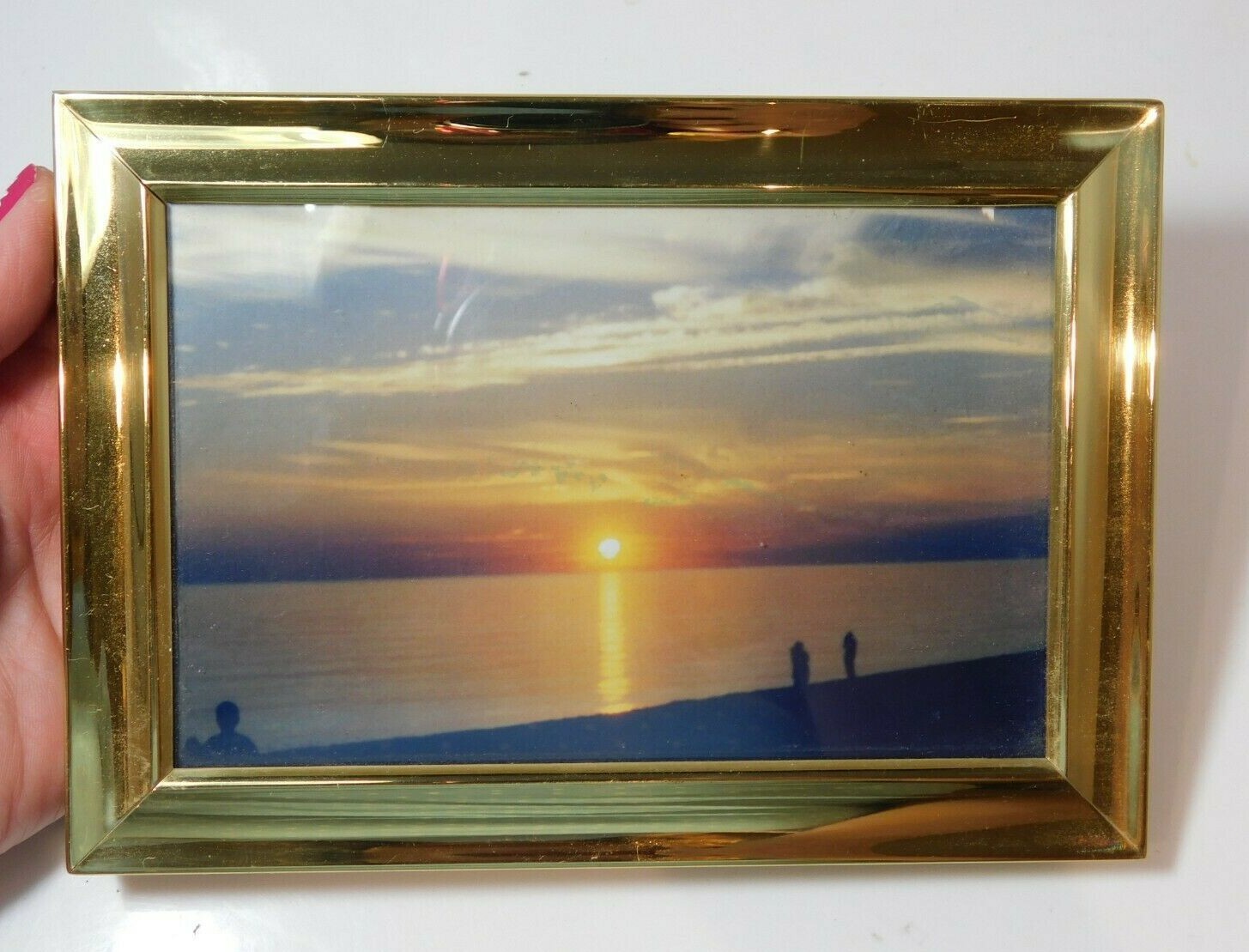 Vintage Gold T Table Top Photo Picture Beach Sunset Glass Frame 4x6" Home Decor