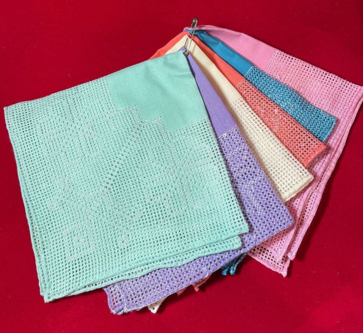 Vintage Set 6 Coasters Blue Pink Green Purple Yellow Embroidery 10.5" x 10.5"