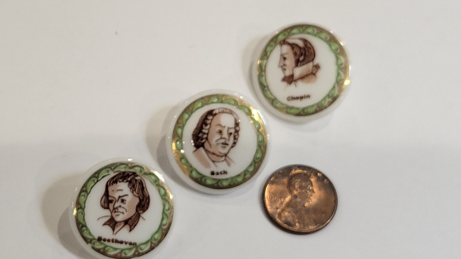 Birchroft China 1" Buttons  Set of 3  Composers Beethoven Chopin Bach