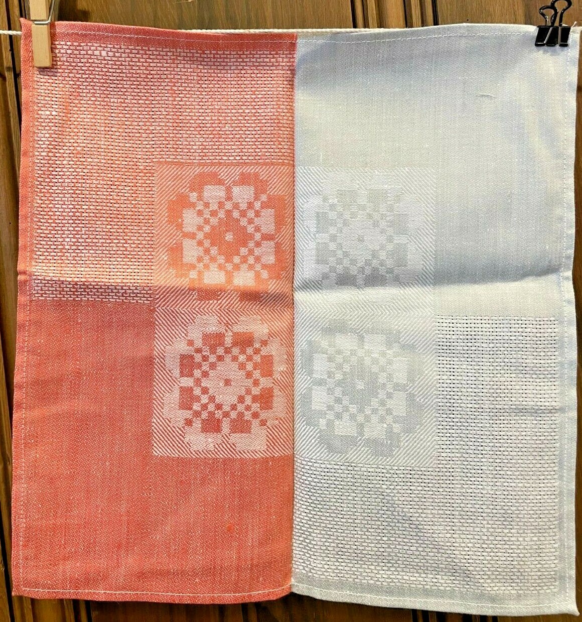 NEW Set Vintage 80s Russian 100% Linen Coral Grey Square Napkin 6 Pcs 13.5 x 14"