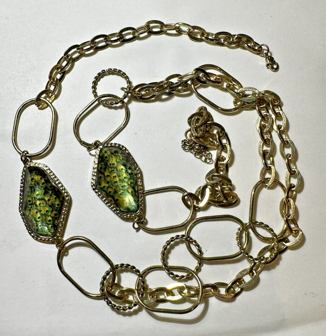 Chunky Gold tone Link Double Chain Plastic Cab Peacock 36" Fashion Belt