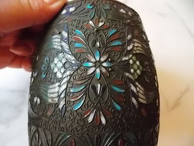 OLD Vintage Chinese Cloisonne Floral Enamel Brass Pot Brush Holder