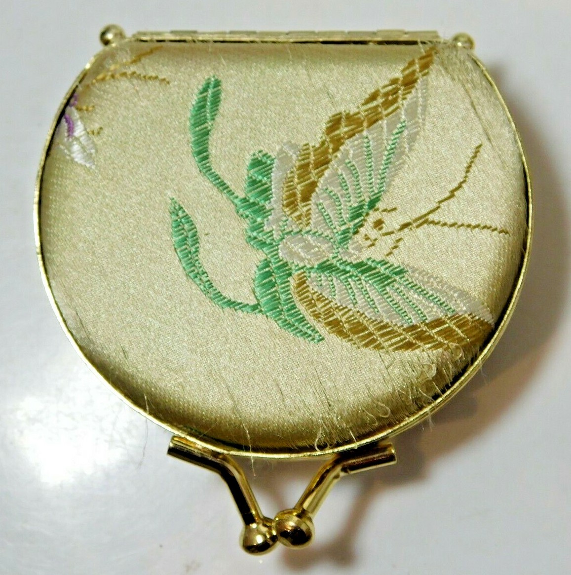 Vintage Cream Silk Butterfly Embroidery Red Velvet Jewerly Trinket Box Mirror