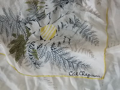 Vintage Ceil Chapman 100% Silk Scarf 34" SQ Fern Pale Green Yellow Beige Ivory
