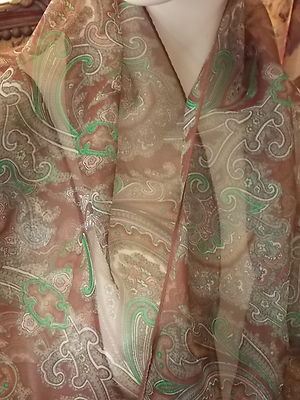 Vintage Sheer Oblong Scarf Wrap Brown Green Paisley 13" x 43" Long