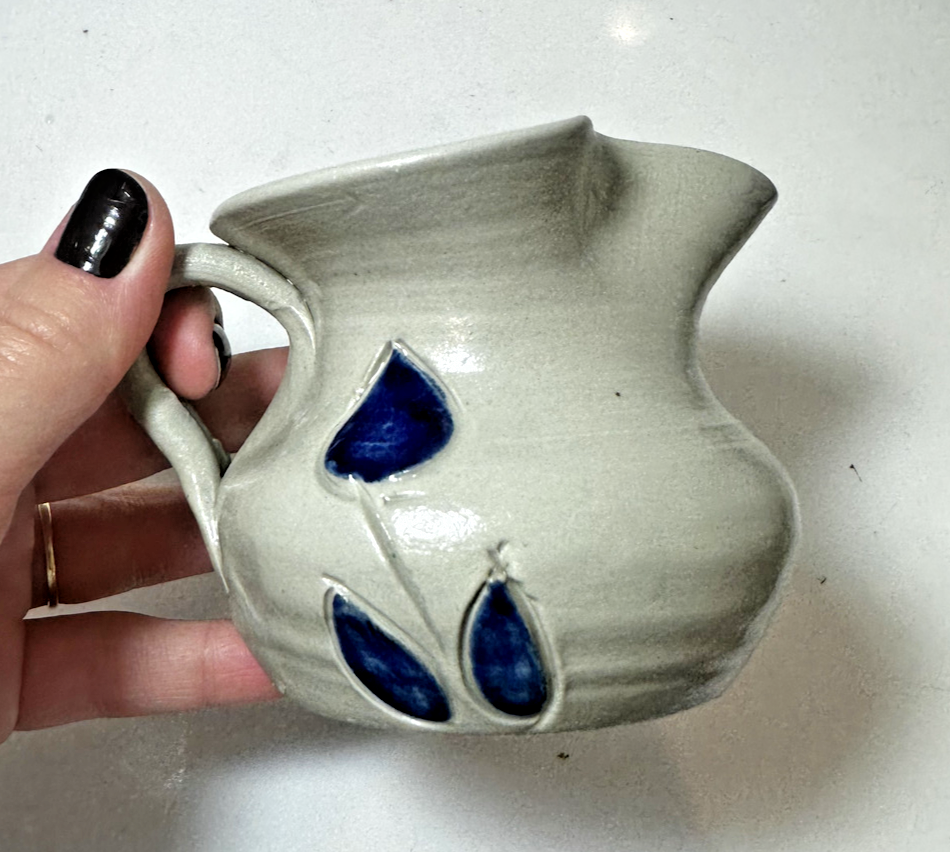 Hand made Ceramic Pottery Blue Leaf Flower Small Vintage Pitcher