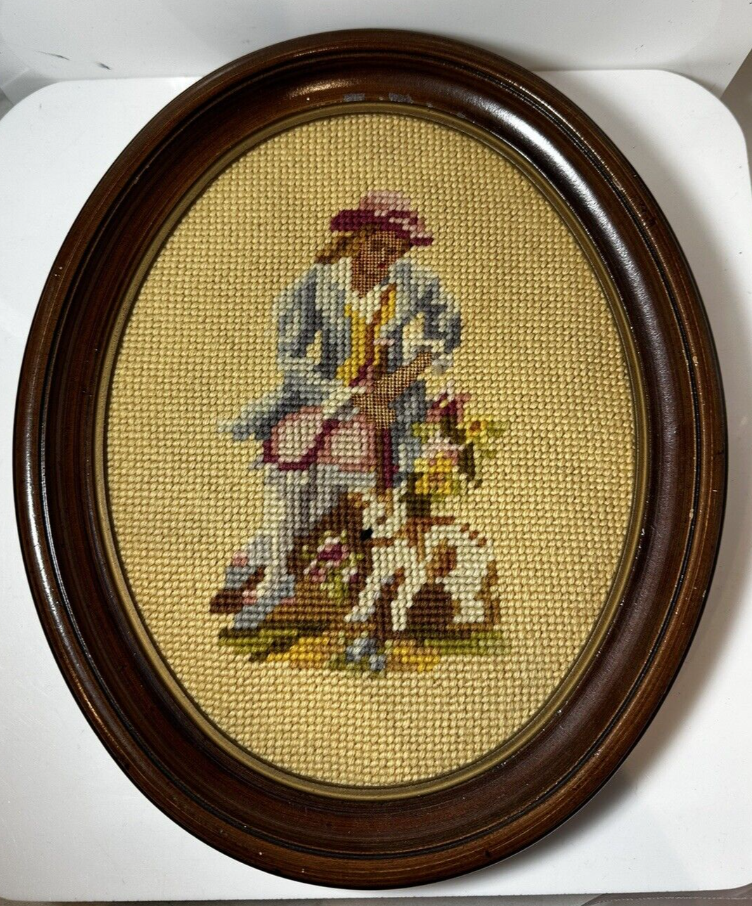 Vintage Handmade Picture Woman Dog Needle point Embroidery Oval Wall Frame Wood