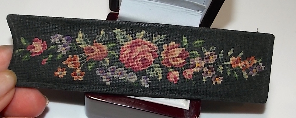 Victorian Comb Cover case Petit Point Red Roses Violets Flowers Black Background