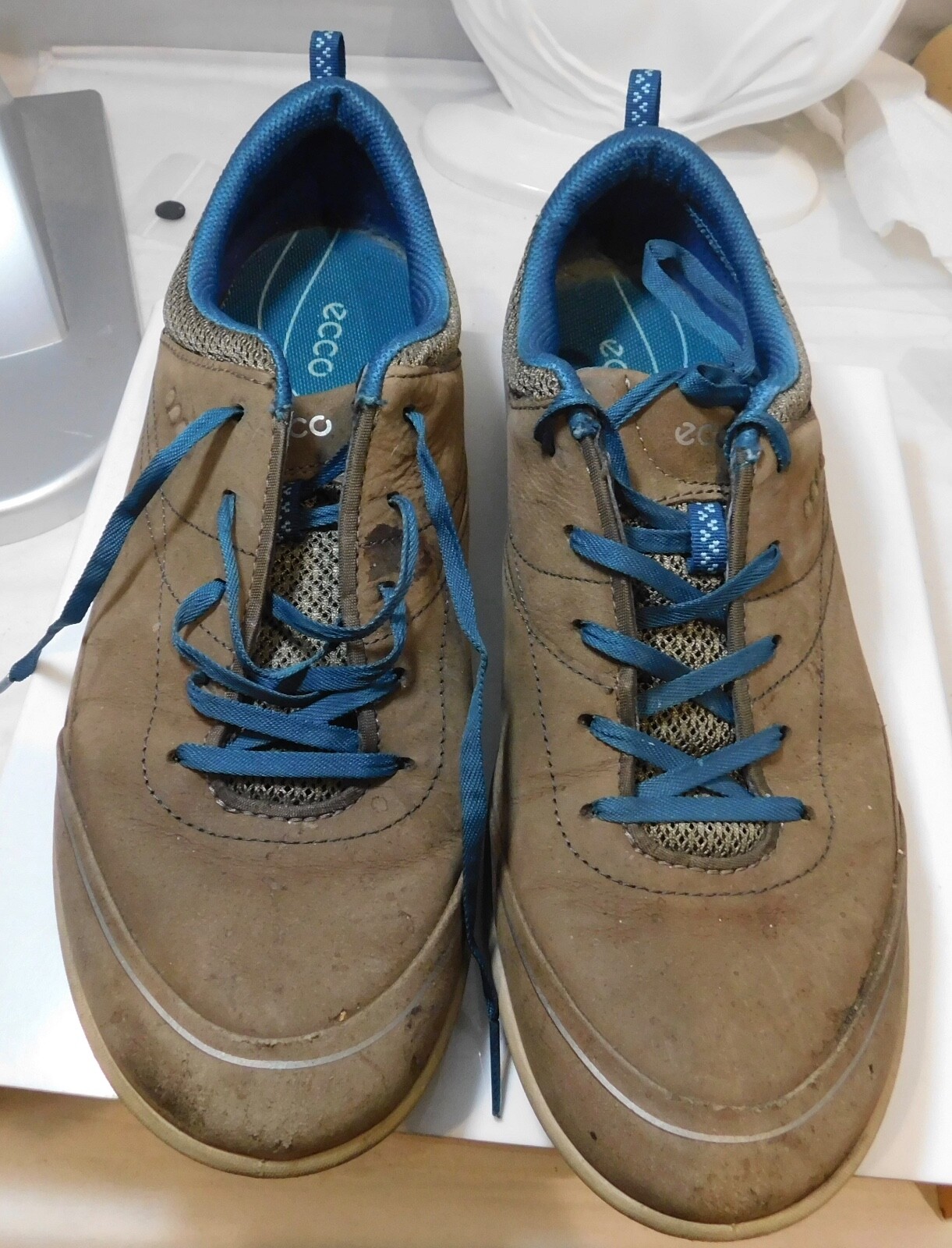 Womens ECCO Blue Lace Up Light Brown Nubuck Sneakers Shoes Size 39