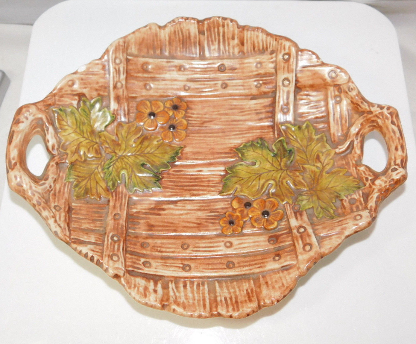 Ceramic Wooden Wine Barrel Grape Leaves design Tray Serving Dish Handles 10x8.5